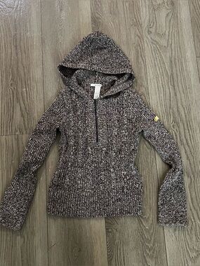 DKNY Marled Hooded Half-Zip Sweater - Black and Cream